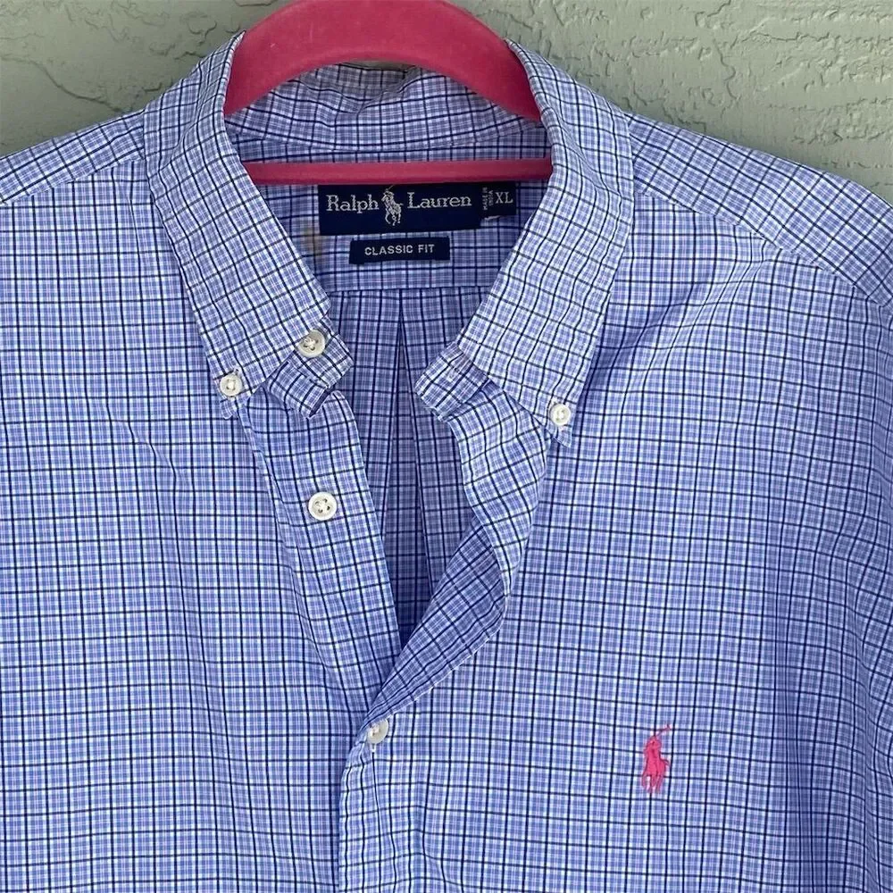 Ralph Lauren Men's XL Blue Check Short Sleeve Button-Up Shirt